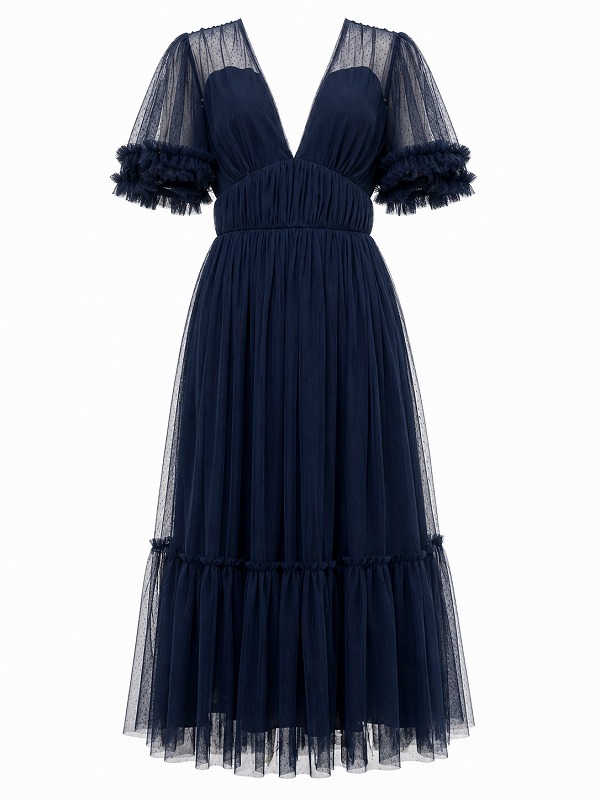 【新品DRESS 953】チュールフリルスリーブミモレ丈フレアロングドレス ネイビー【BEAUUT】